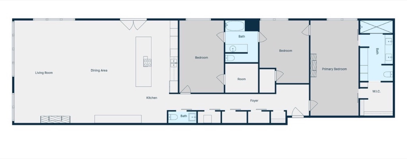 Unit 301 floor plan: living room, dining area and kitchen, foyer, three bedrooms, two full baths and a powder room, and a walk-in closet off the primary suite